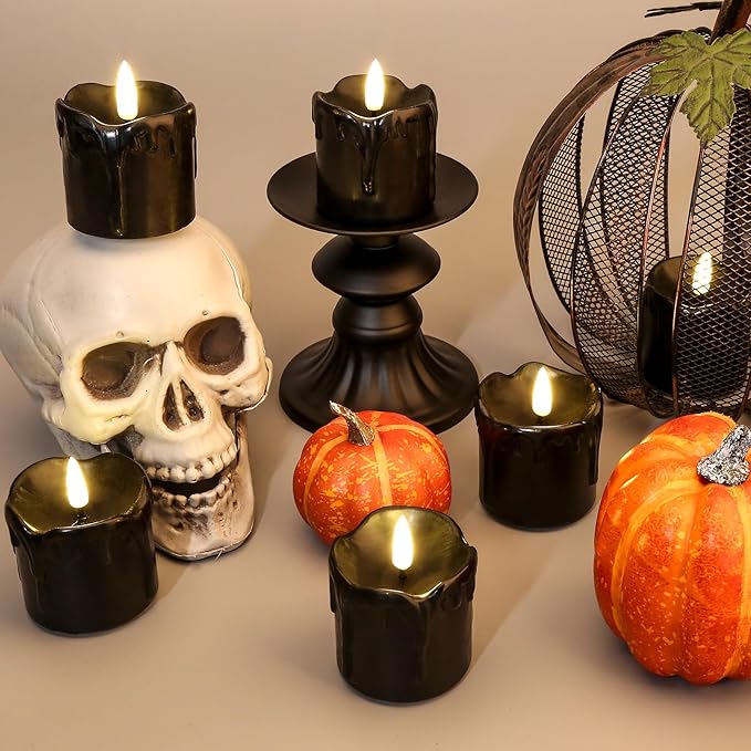 Eywamage Black Dripping Wax Flameless Candles with Timer Batteries, Realistic Flickering LED Votive Candles Set of 6