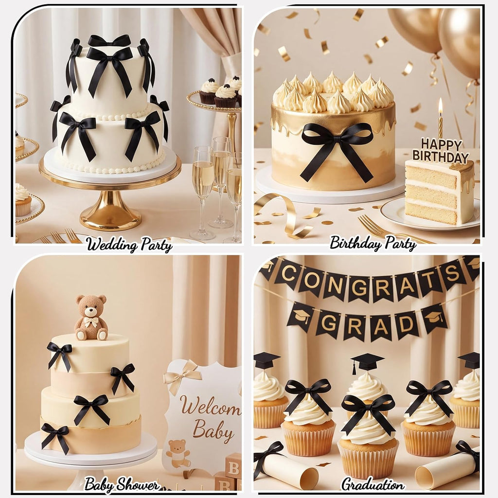 30PCS Black Ribbon Bows for Cakes Pre-Tied Bow Cake Toppers | Ready to Use Cake Bows for Birthday, Wedding, Baby Shower Bachelorette Party and Dessert Display Decorations