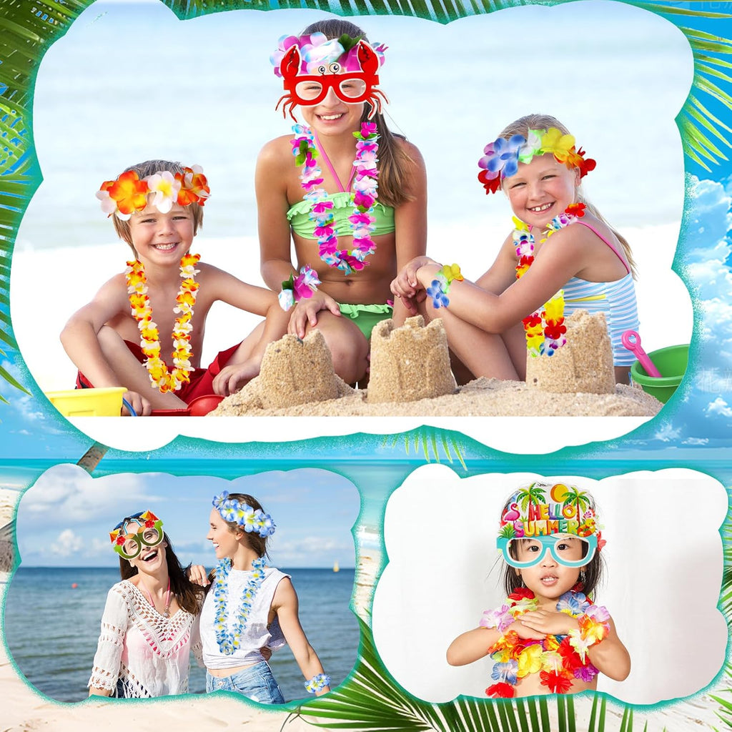 Atonofun 80 PCS Leis for Luau Party Decorations- Hawaiian Leis Bulk, Luau Party Glasses, Colorful Bracelets, Flower Headbands for Adults Tropical Birthday Summer Beach Luau Party Favors Supplies