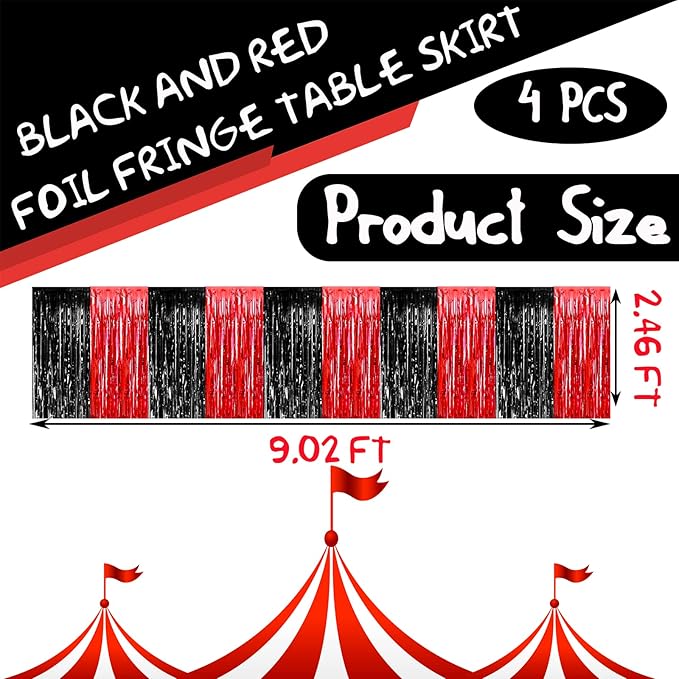 4 Pack 29x108 Inch Metallic Foil Fringe Tinsel Table Skirts for Rectangle Tables Streamer Backdrop for Wedding, Birthday, Parade Floats, Christmas, Halloween Party Decoration(Black Red)