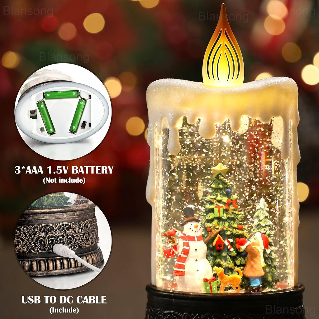 Christmas Snow Globe Candle Christmas Decorations Indoor Auto Snowfall Glitter Music Collection Snowman Child Tree with 6H Timer USB/Battery Powered 9.7 inch