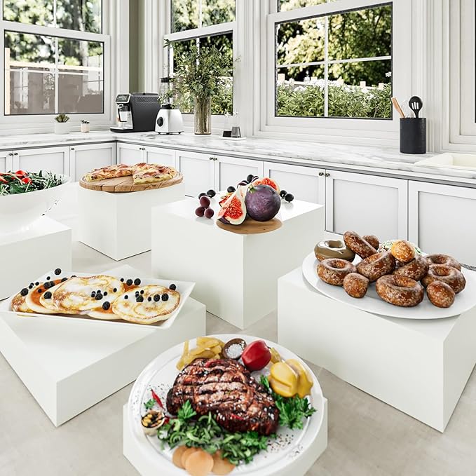 Buffet Risers, Food Risers for Buffet Table, Display Stand Shelf for Catering Dessert Collectibles Jewelry Figures Show, White Acrylic Cube Display Nesting Risers with Hollow Bottoms