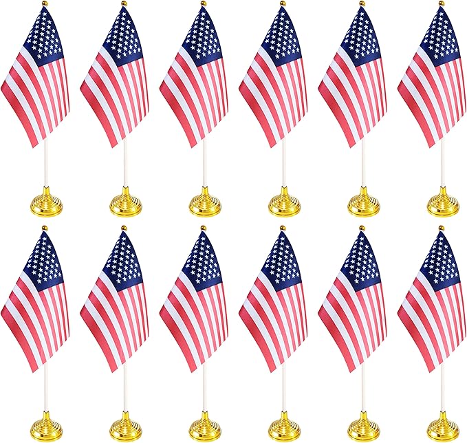 12 Pack USA US Desk Flags,Small Mini American Deluxe Table Flags Set with Stand Base，8.2 x 5.5 inches Miniature Desktop Flag