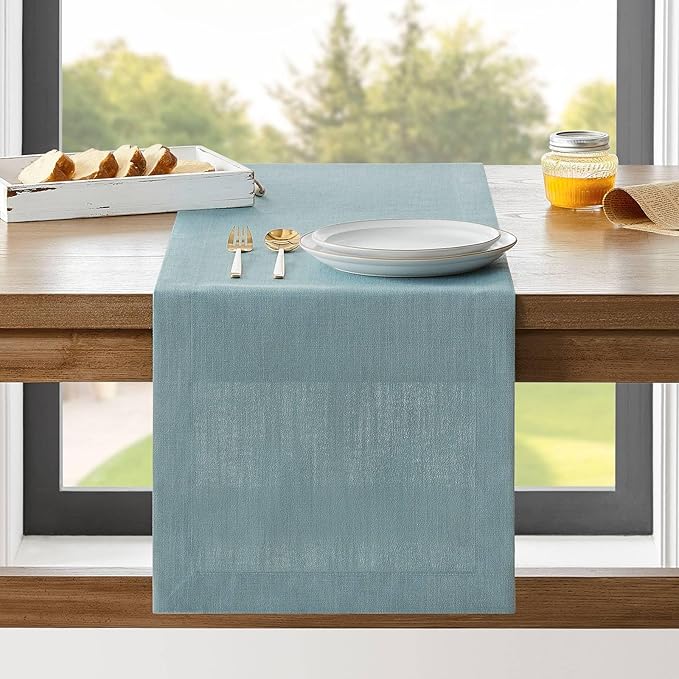 ZeeMart Linen Textured Border Table Runner, 14 x 72 Inch Blue, Farmhouse Style Dusty Blue Table Runners 72 Inches Long, Easy Care Everyday Polyester Table Runner