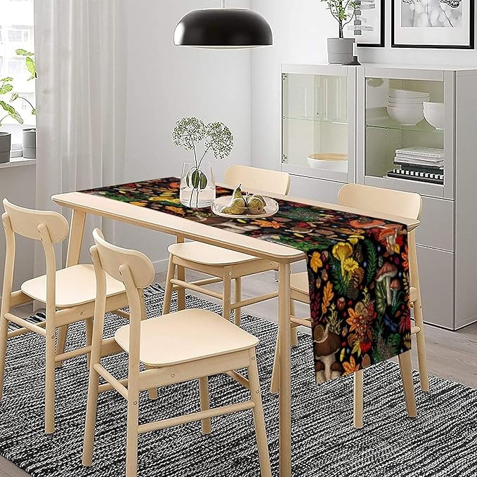 Nature Mushroom Table Runner,Retro Boho Floral Botanical Plant Forest Pattern Print Tablecloth Burlap for Hotel Indoors Outdoor Dining Room Kitchen Holiday Party, 13x36in