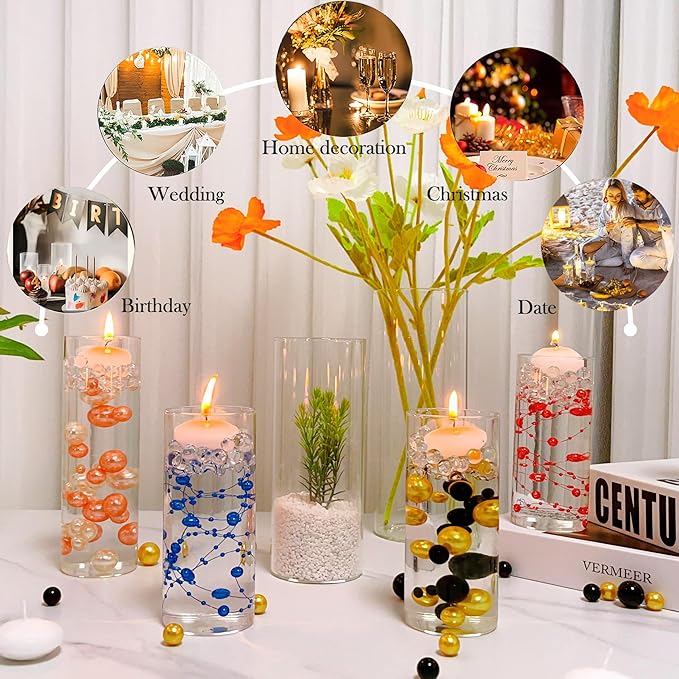 UDU Set of 12 Cylinder Glass Vases and 18 Pcs Floating Candles for Centerpiece, 4,6,8,10 Inch Tall Clear Hurricane Candle Holder Glass Vases for Centerpiece Table Wedding Home Decor