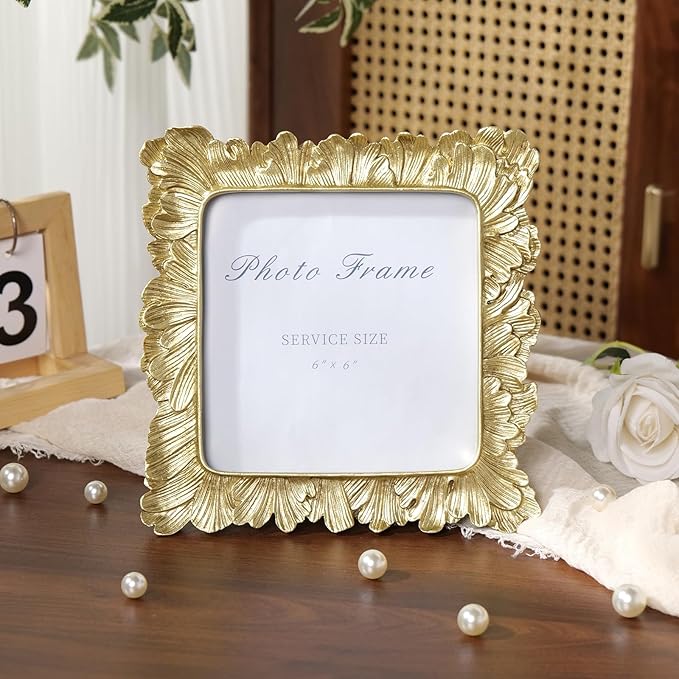 Cuspin 6x6 Gold Picture Frame, Vintage Gold Palm Leaves Textured Hand-Crafted Resin Frames with Glass Front, Retro Square Photo Frame for Wall and Tabletop Display Home Decor