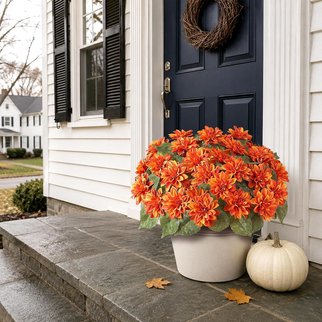 VIERENA 2 Set of Fall Artificial Dahlia Topiary Ball Trees - Fake Silk Dahlia Flower Bushes, UV Resistant Faux Floral Shrub Potted for Front Door Porch Farmhouse Outdoor Autumn Decor (Orange)