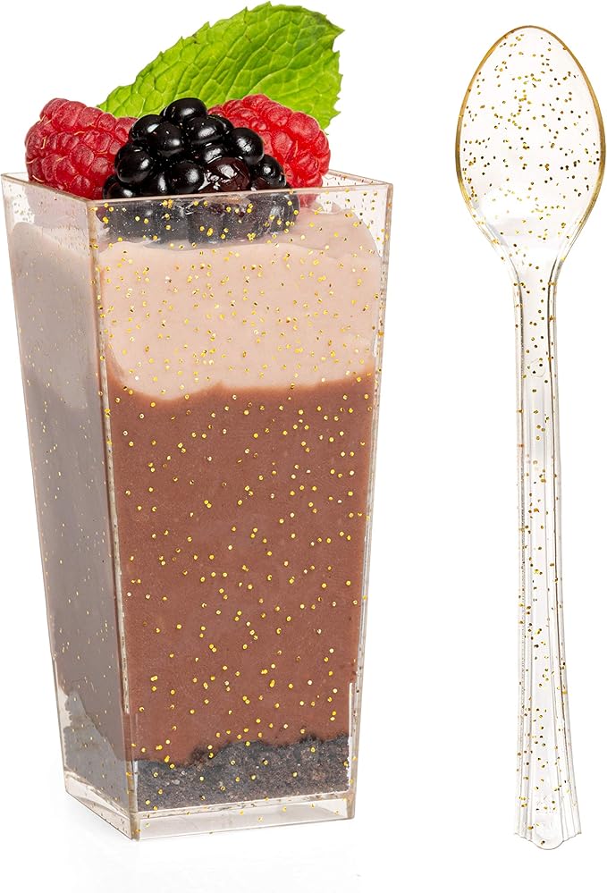 Ilyapa 3oz Plastic Dessert Cups - 100 Pack Mini Dessert Cups with Spoons - Clear Reusable Small Appetizer Cup for Cheesecake Shooters, Chocolate Mousse - Party and Catering Supplies - Square Gold
