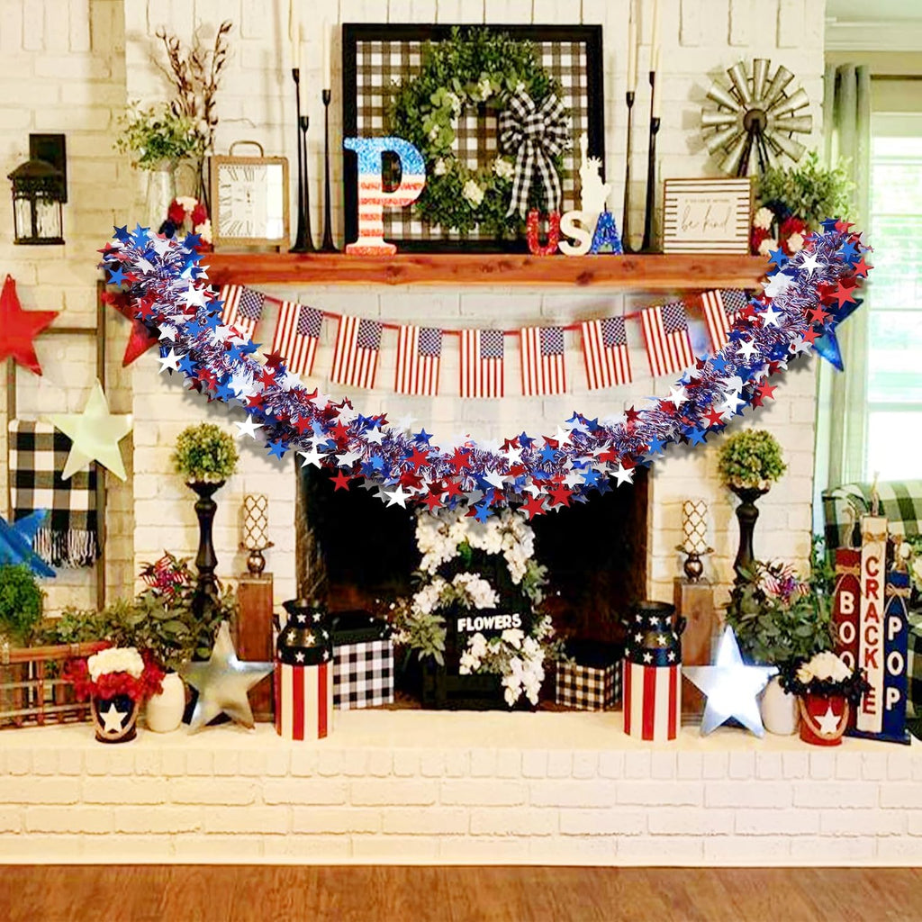 4th of July Garland Decorations,50Ft Glitter Tinsel Patriotic Decor for Tree Car Golf Cart Parade Float Bike Party Table Yard Door Boat Indoor Outdoor Holiday Home
