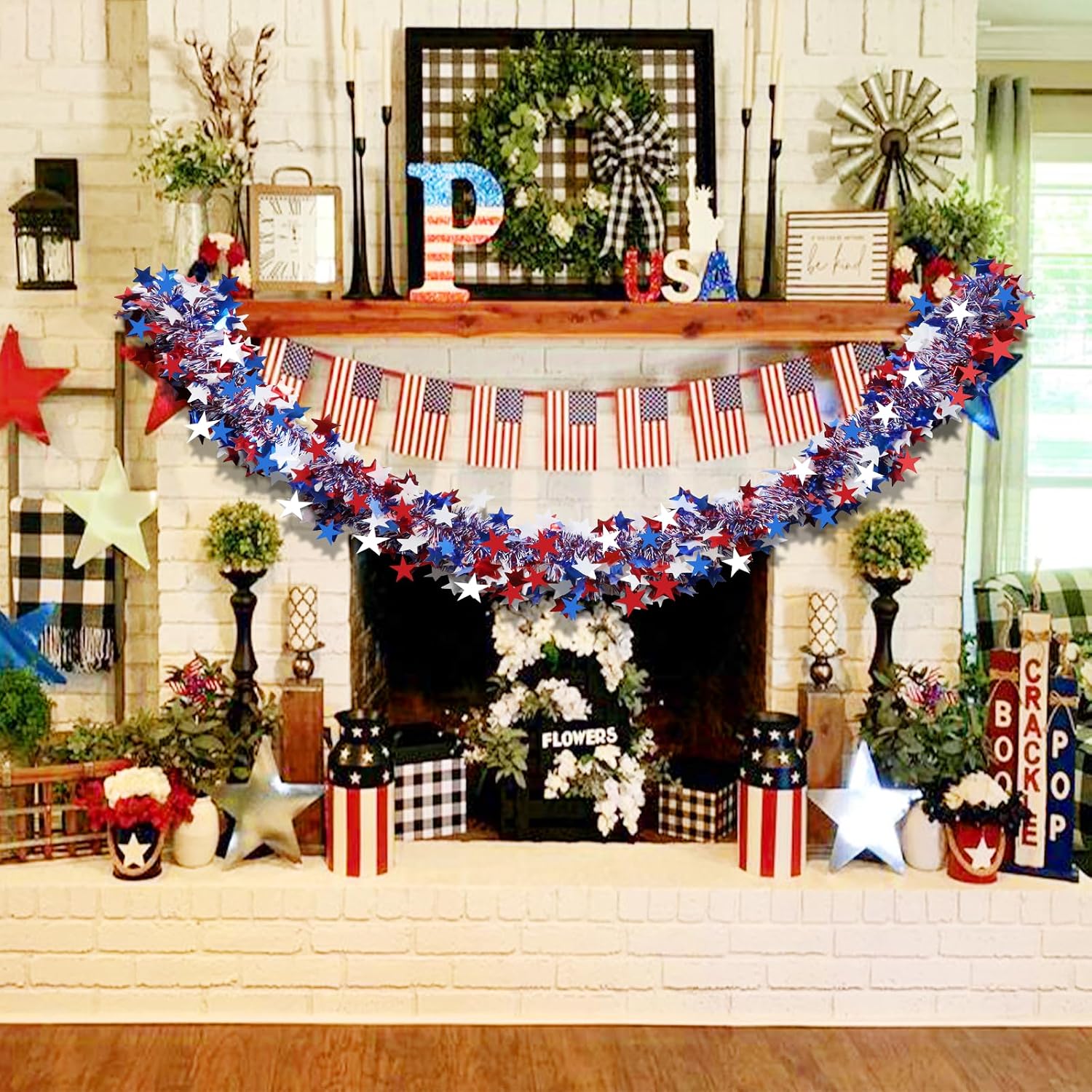 4th of July Garland Decorations,50Ft Glitter Tinsel Patriotic Decor for Tree Car Golf Cart Parade Float Bike Party Table Yard Door Boat Indoor Outdoor Holiday Home