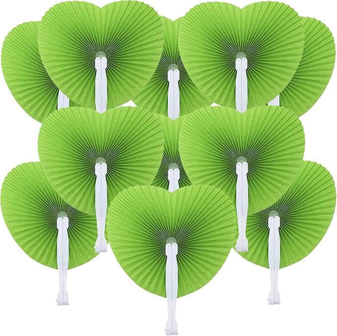 12 Packs Decorative Paper Folding Hand Fans Handheld,Grass Green Heart Foldable Wedding Fans Chinese and Japanese Fans Bulk for Bridal Guest Church Party Favors Dancing Birthday DIY