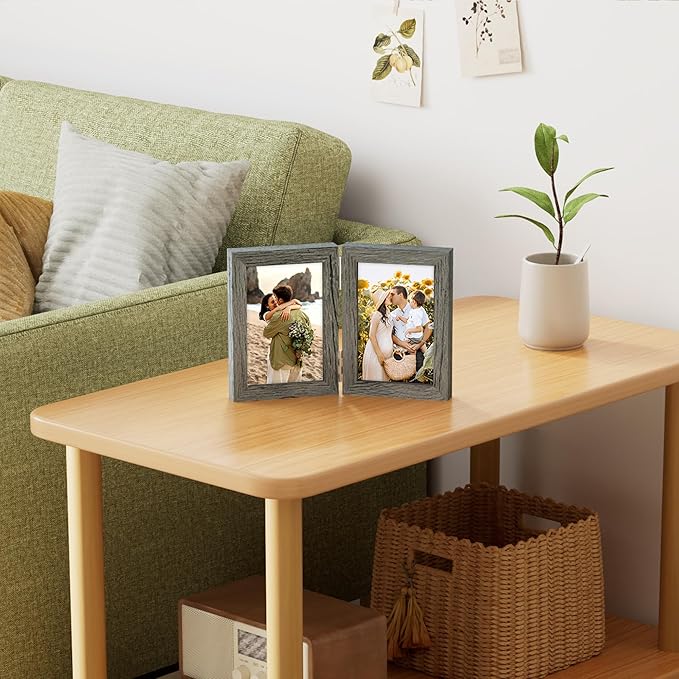 decorUhome Double 4x6 Picture Frame Vertical, Engineered Wood Bifold Photo Frame with Plexiglass for Tabletop Display, 4x6, Grey