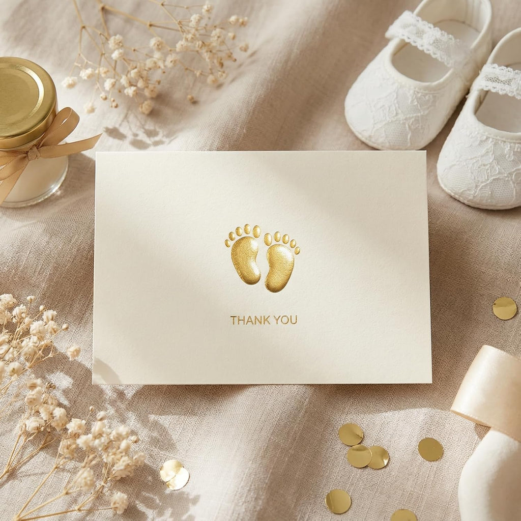 Crisky Embossed Footprint Baby Shower Thank You Cards 50-Pack 4x6 Inch - Heavy 300gsm Cardstock with Gold Foil Envelopes & Stickers for Baby Shower/Birthday
