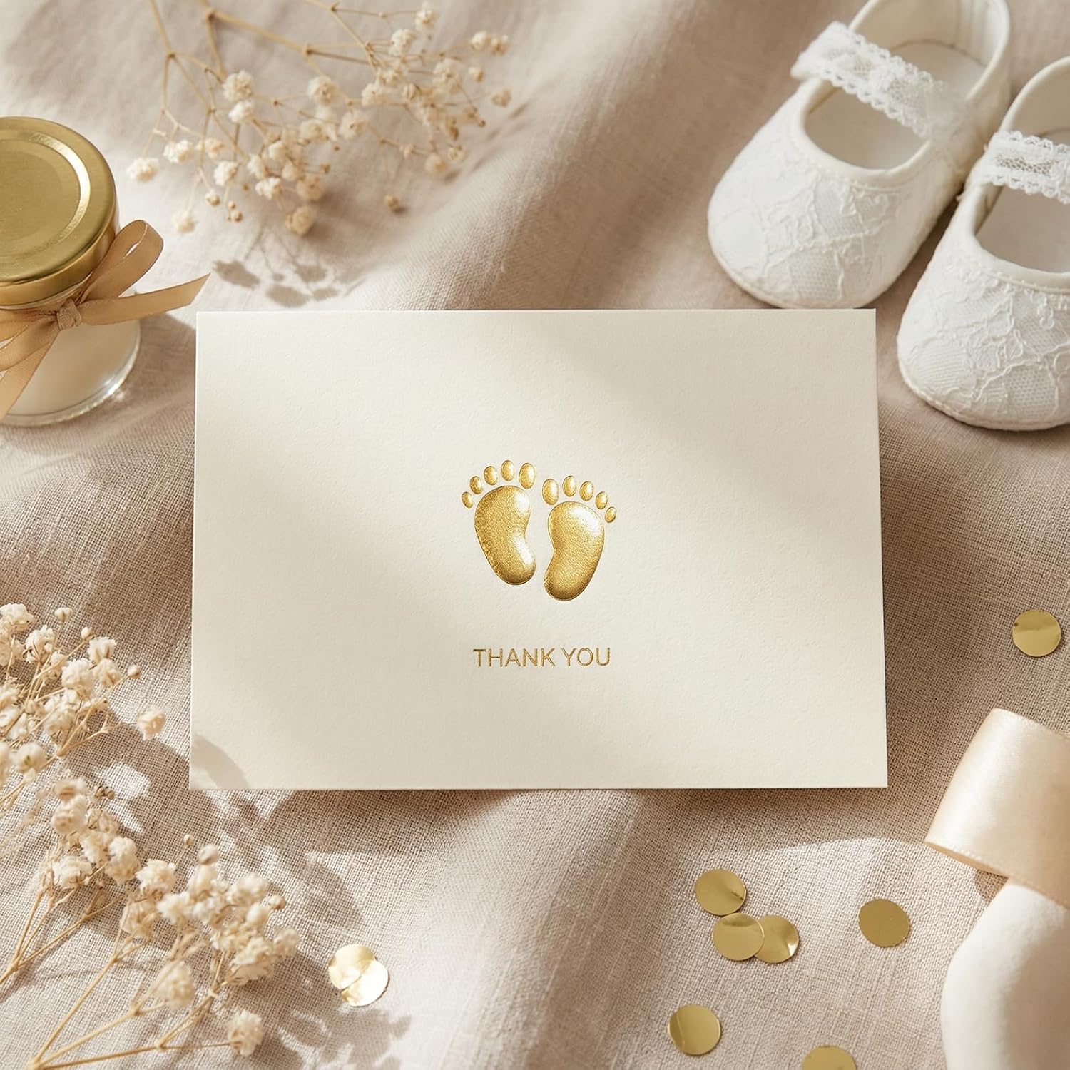 Crisky Embossed Footprint Baby Shower Thank You Cards 50-Pack 4x6 Inch - Heavy 300gsm Cardstock with Gold Foil Envelopes & Stickers for Baby Shower/Birthday