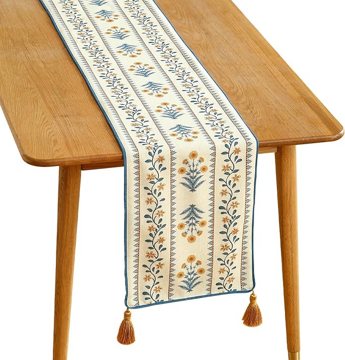 ISAENNE Designer Pale Yellow Elegant Linen Table Runner 87 Inches Long,French Floral Pattern Elegant Table Runners for Dining Tables,Thanksgiving,Kitchen Tables,Christmas,12"*87"-Estevan A