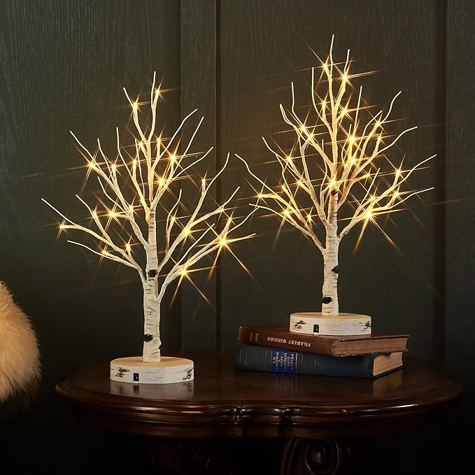 LITBLOOM 2 Sets Lighted Tabletop Birch Tree with Timer USB Plug-in or Battery Operated, Easter Tree Lights 18IN 24 LED for Wedding Party Christmas Table Decoration
