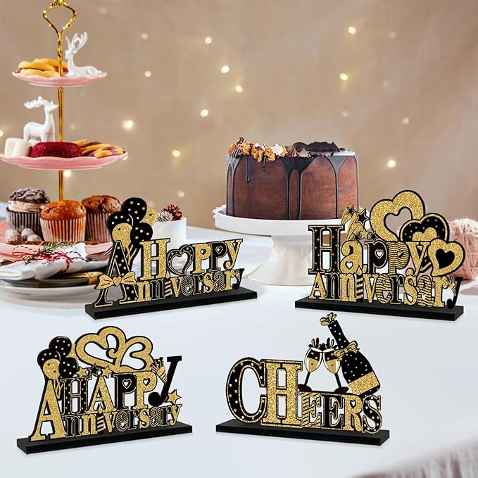 4 Pieces Anniversary Decorations Wooden Table Centerpieces, Black Gold Happy Wedding Anniversary Table Sign Party Supplies, 10th 20th 30th 40th 50th 60th Anniversary Table Decor for Indoor Outdoor