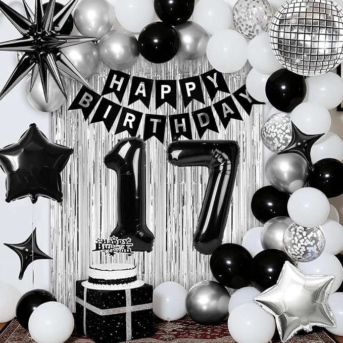 17th Birthday Decorations for Boys Girls, Black Silver Happy Birthday Party Decorations， 17 Year Old Party Supplies with Number 17 Balloons, Banner, Fringe Curtains Kit