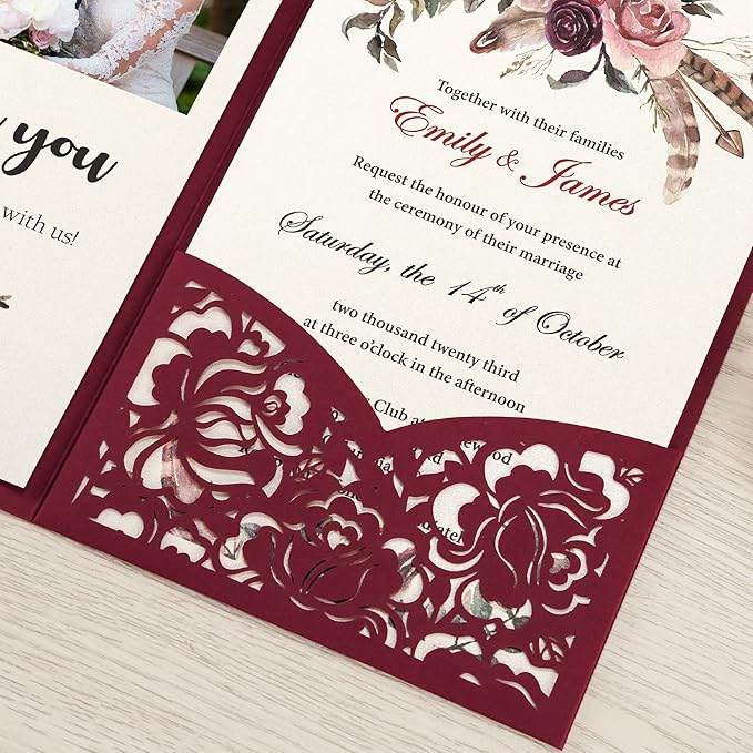 DORIS HOME 50pcs Laser Cut Wedding Invitations with Envelopes Burgundy, 4.7x7.1 Personalized Invitation Cards for Wedding, Anniversary Invitations with Envelopes