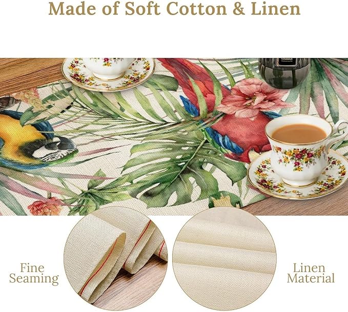 Parrot Table Runner,Tropical Palm Leaf Colorful Macaw Bird Watercolor Print Tablecloth Burlap for Hotel Indoors Outdoor Dining Room Kitchen Home Decor,W13X L36 in