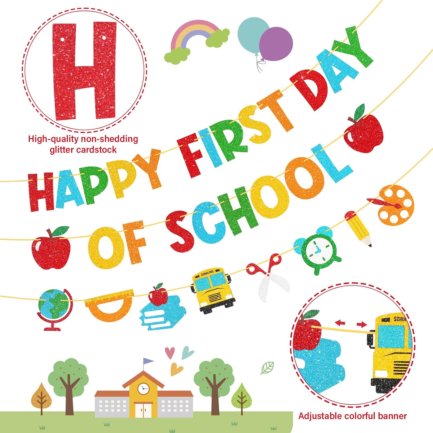 Shzbtdo Pre-Strung Happy First Day of School Banner, Glitter First Day of Kindergarten Decorations for Classroom, Welcome School Decorations for Kindergarten PreK 1st Grade Students