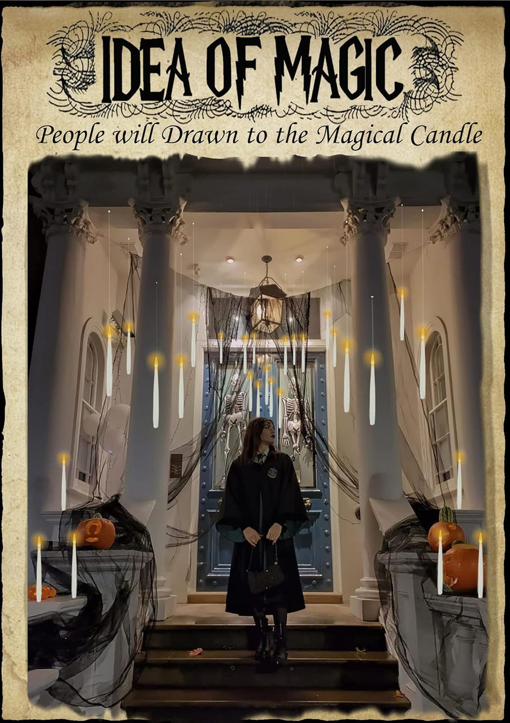 Halloween Decoration Floating Candle with Wand Magic LED Flickering-20PCs | Warm Light Flameless Battery Operated Taper Hanging Candles Set for Birthday Theme Party Gift Classroom Christmas Decor