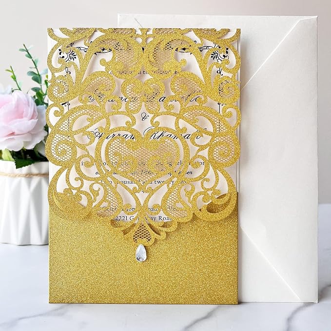 Hosmsua 50PCS Blank Wedding Invitation Cards 5 x 7.3 Inch Gold Laser Cut Hollow Heart Floral Invitation with Rhinestone pockets invitations for Engagement Quinceanera Invite (Gold Glitter)