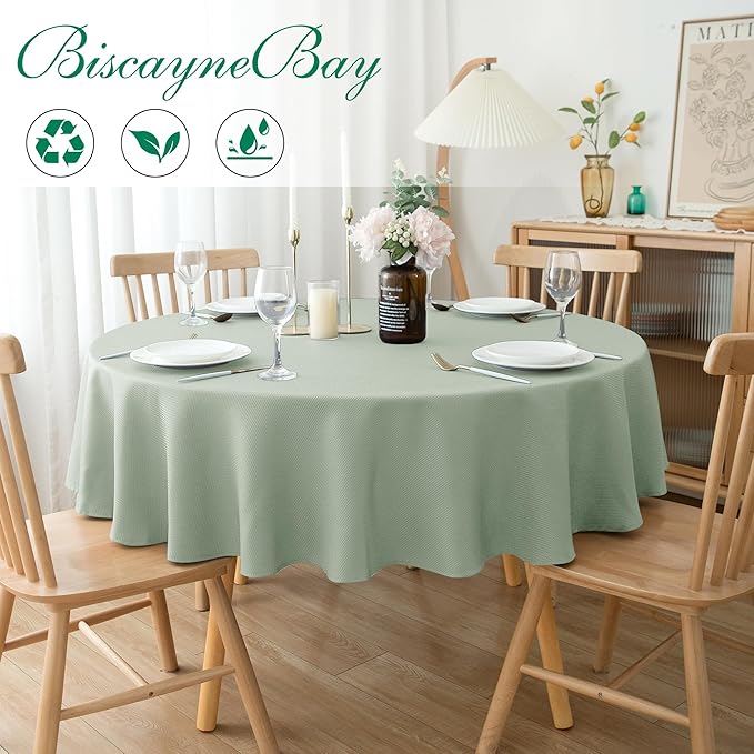 Biscaynebay Round Tablecloth 60 Inch-Sage Outdoor Fabric Table Cover-Small Circle Folding Table Cloths Linen Water Resistant Washable for Kitchen Dining Picnic Patio Outdoor Party Restaurant Tables