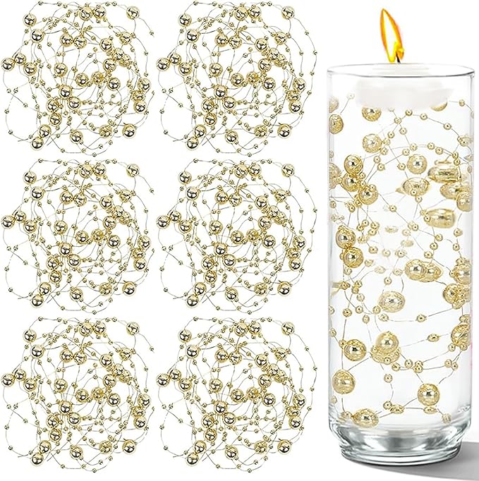 50 PCS Artificial Floating Beads for Centerpieces Vases, Gold 8+3mm String Beads for Wedding Party Faux Pearl String for Decorating, String Pearls for Crafts Vase Filler