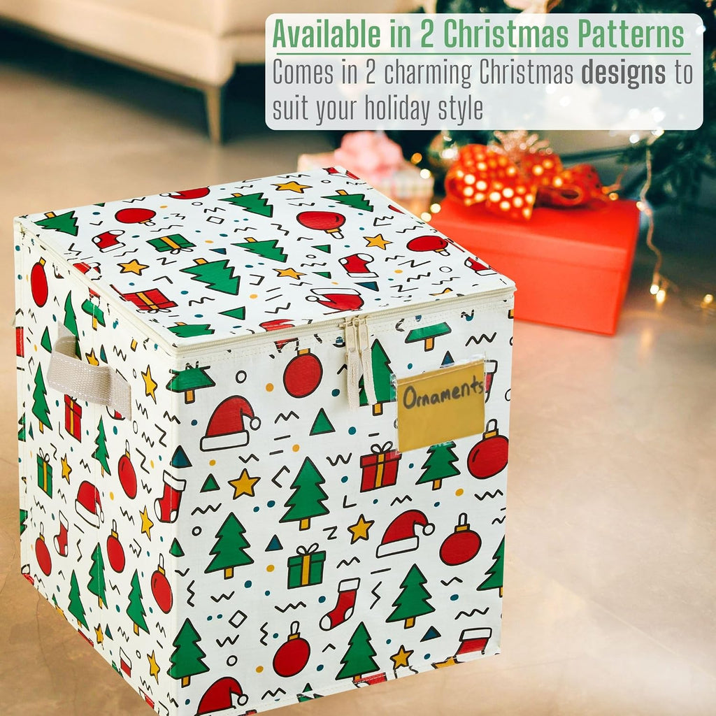 VENO 2 Pack Christmas Ornament Storage Box, Holiday Ornament Organizer with Adjustable Dividers, Sturdy Storage Containers for 64 Ornaments, Zippered Lid & Handles, 3" Cube (Jingle Mix)