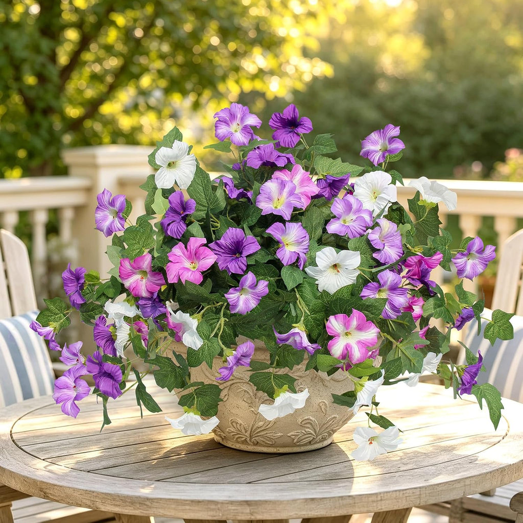 Artificial Fake Flowers Plants for Outdoor UV Resistant, 2PCS Silk Faux Petunias No Fade Summer for Outside Planter Front Door Porch Yard Patio Balcony Realistic Decoration Purple White