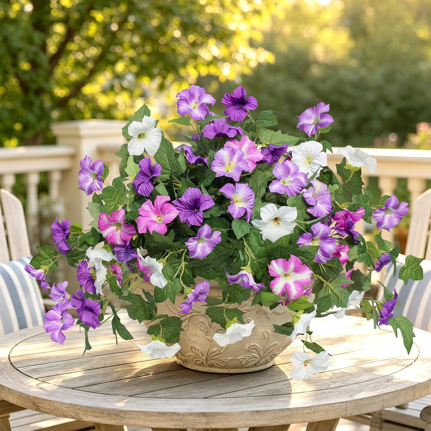 Artificial Fake Flowers Plants for Outdoor UV Resistant, 2PCS Silk Faux Petunias No Fade Summer for Outside Planter Front Door Porch Yard Patio Balcony Realistic Decoration Purple White