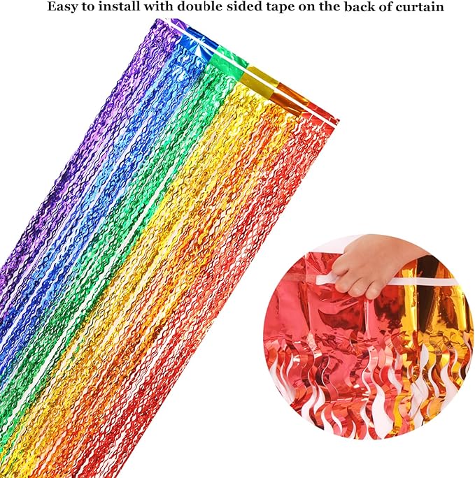 3 Pack Rainbow Foil Curtains - 3.3x6.6ft Metallic Streamers Tinsel Curtains Background for Photo Booth Birthday Weddings Carnivals Graduation
