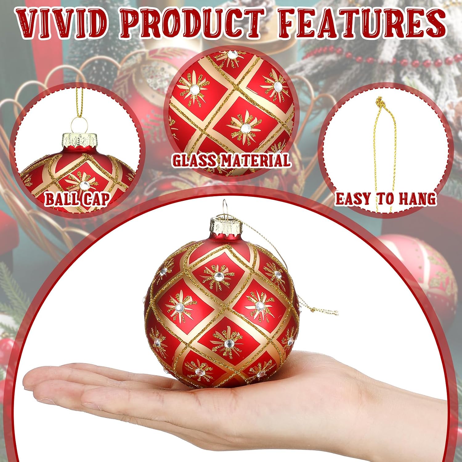 GlikCeil 6 Pcs 3.15 Inch Glass Luxury Christmas Ball Red and Gold Ball Ornaments Glass Christmas Tree Decorations Luxury Hanging Ornaments for Xmas Tree Party Holiday Decor