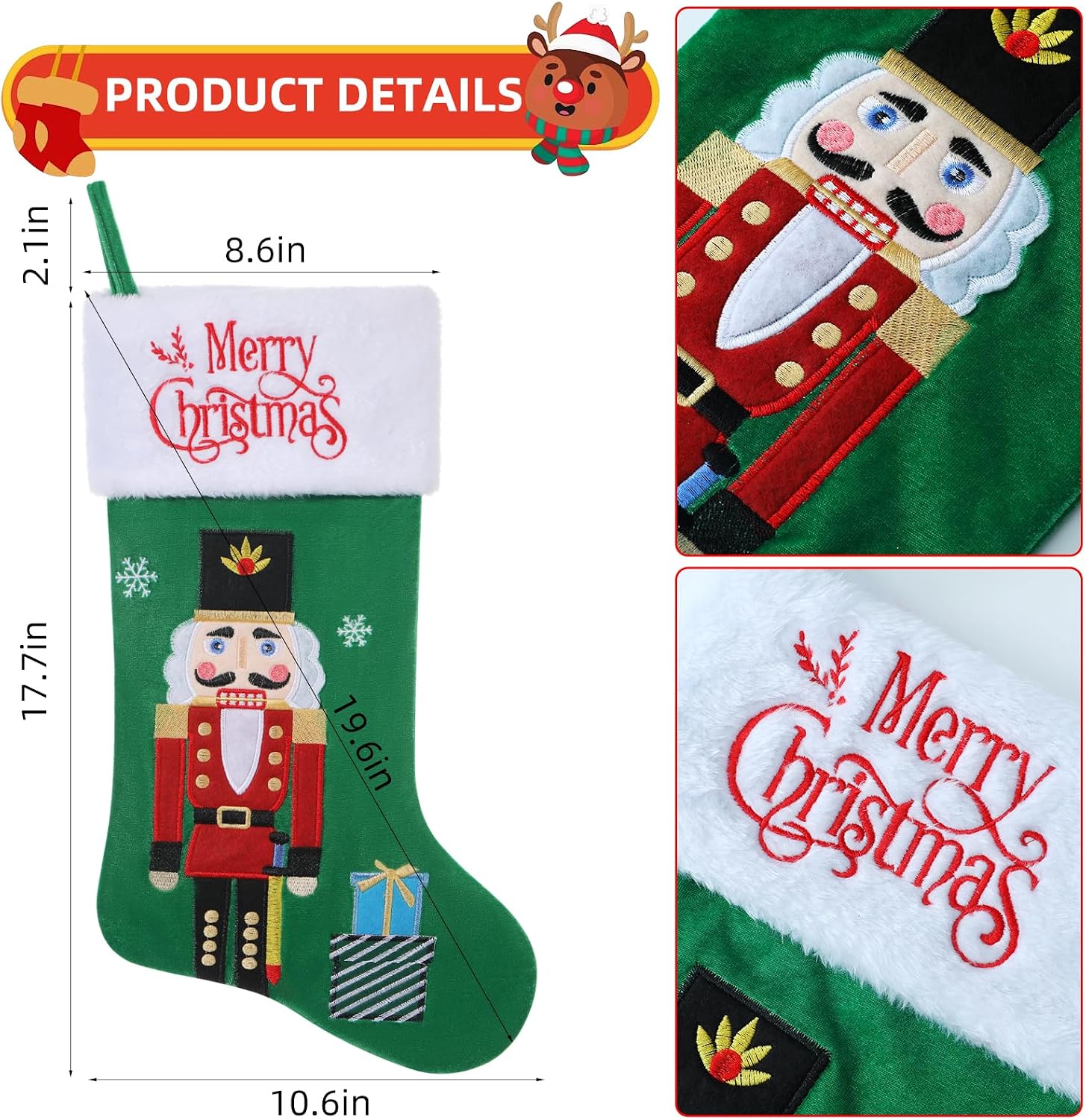 20" Christmas Stockings Nutcracker Green with Plush Cuff | Green Christmas Stocking with Nutcracker Soldier Embroidery, Fireplace Hanging Decor for Christmas Holiday Party Supplies