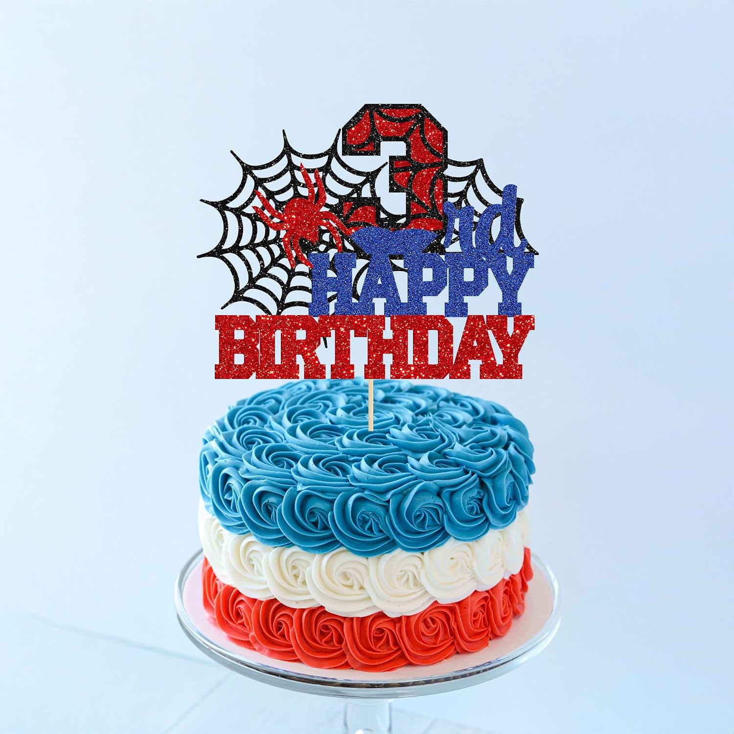Ephlyn 1Pcs Happy 3rd Birthday Cake Topper Glitter Spider Themed Happy Third Birthday Cake Decor for Men Boy Children Three Years Birthday Party Supplies
