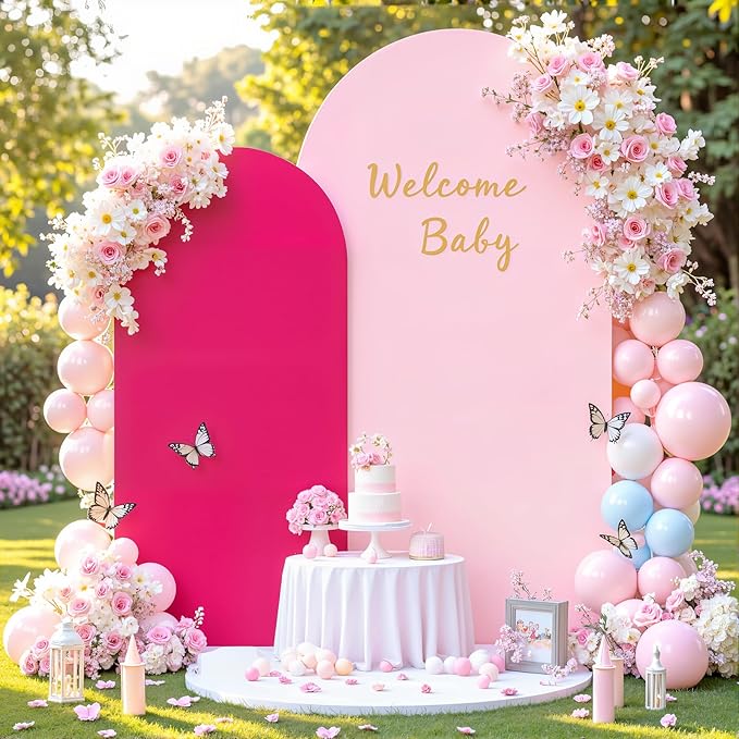 7.2FT 6FT Arch Backdrop Cover for Wedding, Set of 2 Stretchy Spandex Fitted Arch Stand Cover for Baby Shower, Birthday Party Decor, Chiara Backdrop Cover with Double-Sided Design(Pink, Hot Pink)