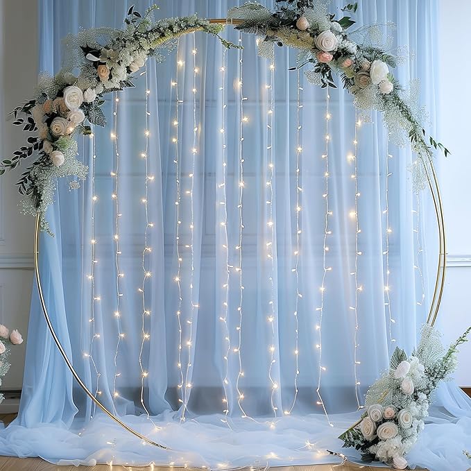 10×10ft Blue Tulle Backdrop Curtain with Lights String for Parties, Sheer Photo Curtain Backdrop Drapes for Wedding Party Photography Backgrounds
