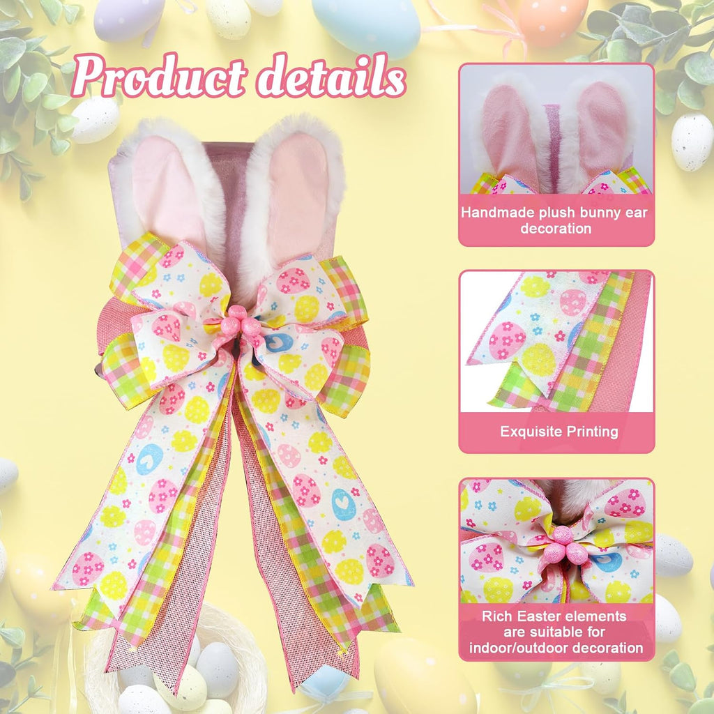 Easter Tree Topper Hat with Bunny Ears, Pink Velvet Top Hat Tree Topper with Bow, Egg Ribbon Spring Tree Decorations Ornament for Easter Christmas Tree Indoor Outdoor