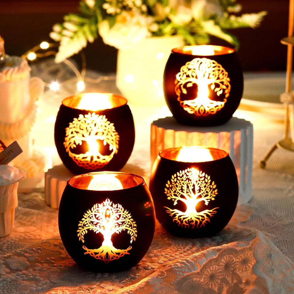 SHMILMH Black Gold Votive Candle Holders 6 PCS Tree of Life Glass Tealight Candle Holders Wedding Decorations for Reception, Birthday Party, Baby Shower, Bridal Shower Table Centerpiece Decor