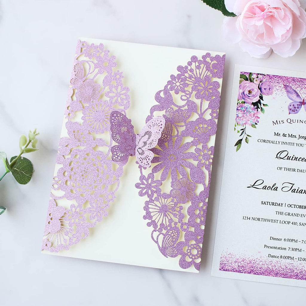 Hosmsua 20PCS 5.12 x 7.3 Blank Purple Quinceanera Invitation Kit with Butterfly Laser Cut Lace Flora Invitations for Wedding Quinceañera Sweet 16 Birthday Wedding Invitation (Purple Glitter)