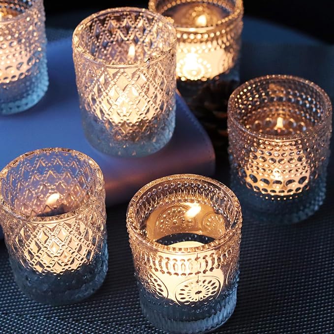 Clear Votive Candle Holders, 3 Patterns 24 pcs Glass Tealight Candle Holders for Christmas Wedding Table Centerpiece Birthday Party