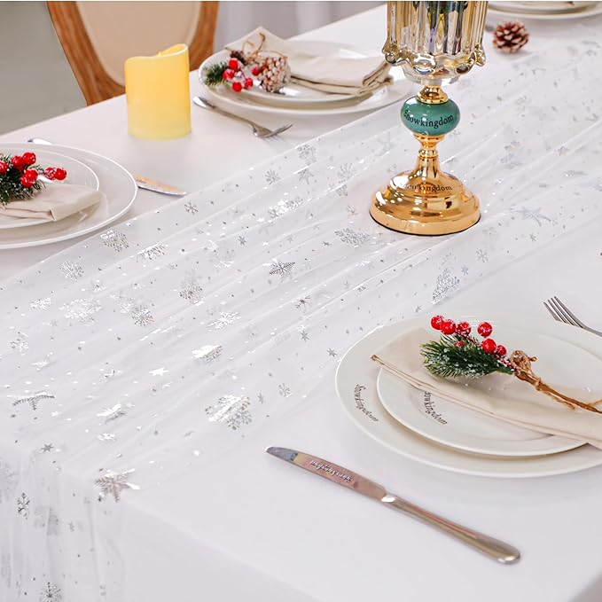 Snowkingdom Christmas Snowflake Cheesecloth Table Runner Silver 120 Inch Sheer Chiffon Gauze Runner, Winter Decorations Sparkly Sequin Metallic Party dining Table for Christmas Winter Holiday New Year