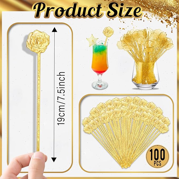 100 Pcs Gold Glitter Drink Stirrers Cocktails Plastic Swizzle Sticks 7.5 Inch Cupcake Pop Sticks Toppers Rose Top Wedding Drink Stirrers for Mixed Drinks Coffee Birthday Wedding Party