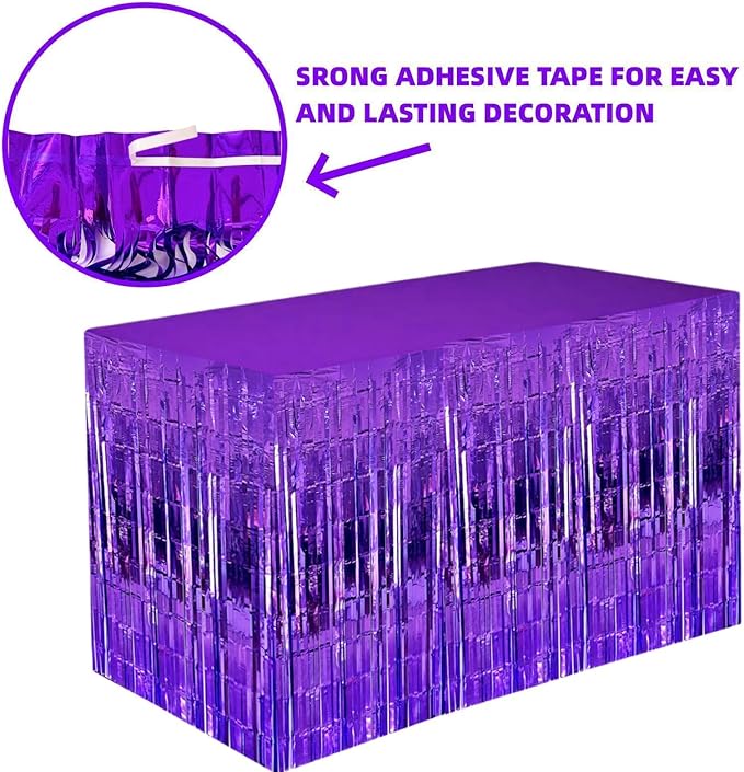 Purple Streamers Party Decorations, 2 Packs Purple Table Skirts Metallic Foil Fringe Tinsel for Birthday Graduation Mermaid Easter Wizard Float Parade Mardi Gras Halloween Party Supplies - 29x108 Inch