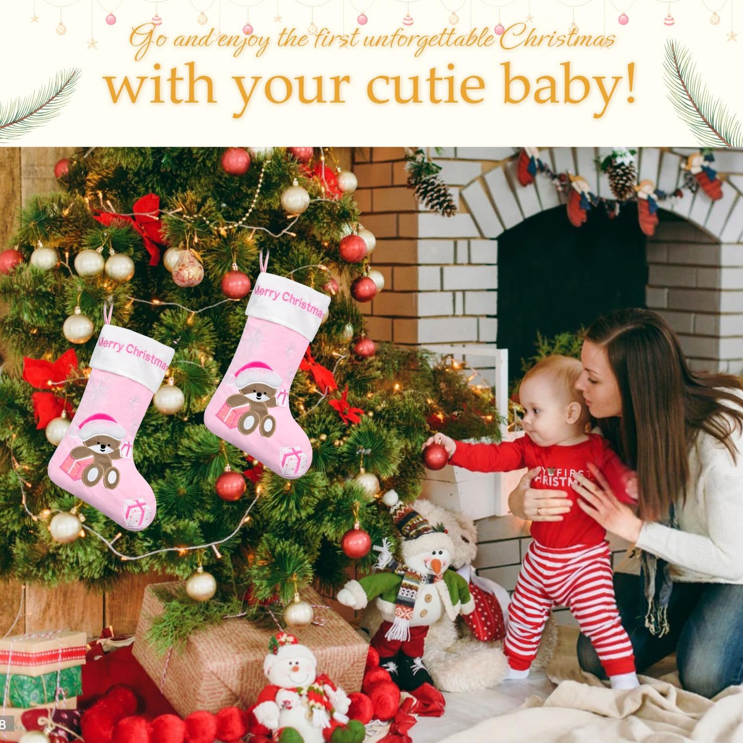 Christmas Stocking Baby First Christmas Stockings 20 Inch Pink Blue Kids Christmas Stockings with Bear Embroidered Children Christmas Stocking with Gift Box for Boys Girls Large Xmas Stocking
