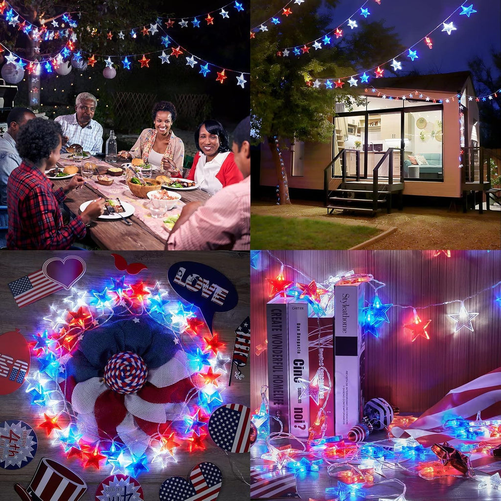 Dirnun 4th of July Decorations Red White and Blue Lights with 40 Led Big Stars, 4th of July Lights for Indoor Outdoor Home Garden Golf Cart Patriotic Theme Memorial Independence Day Decorations