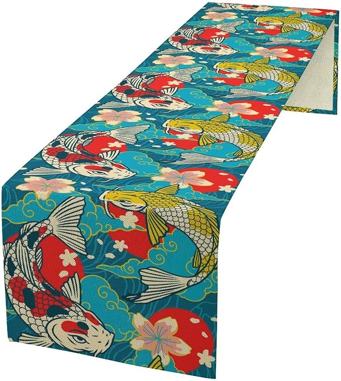 Japanese Kio Fish Table Runner Oriental Tradition Cherry Art Printed Burlap Runner Home Kitchen Dining Table Living Room Decor Fabric 1 Panel W13xL70in