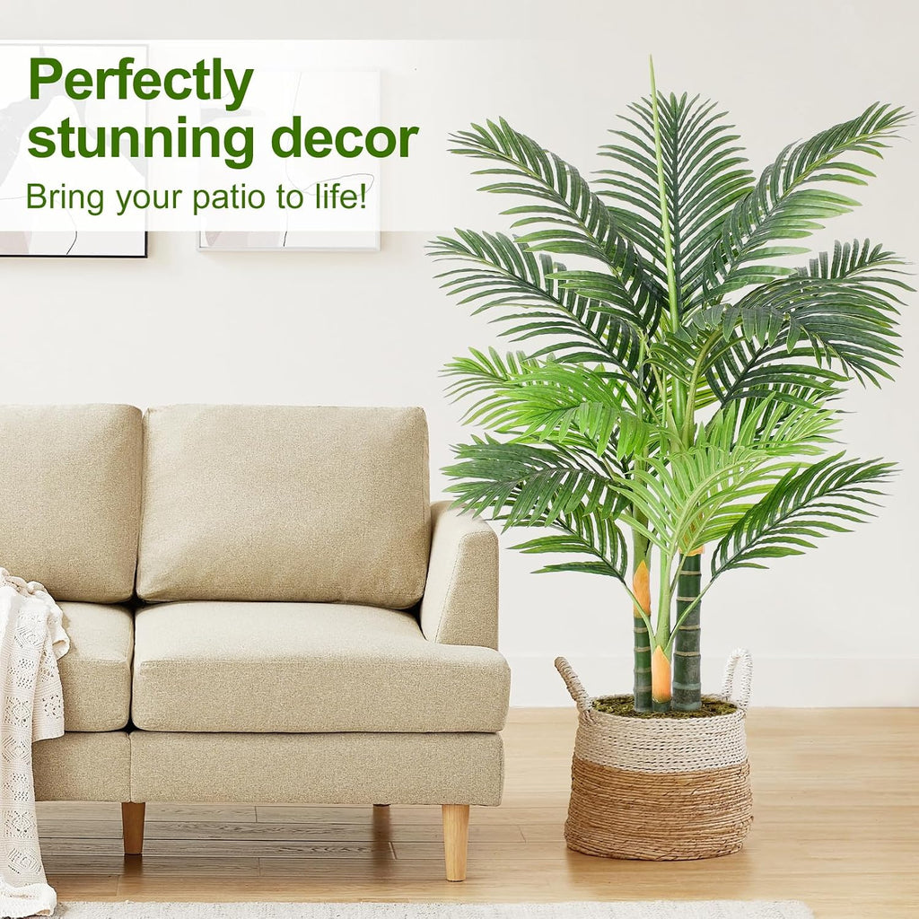 4ft tall triple golden cane palm artificial tree, close-up detail